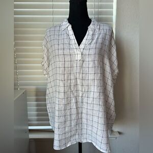 Tahari 100% Linen Checkered Plaid Pullover Shirt XL Lagenlook V-Neck Top Peasant